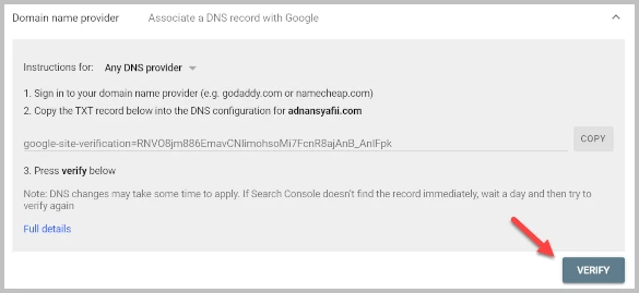 click verify provider domain name