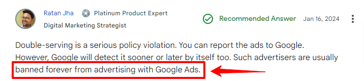 hukuman bagi yang melanggar kebijakan Double Serving di Google Ads